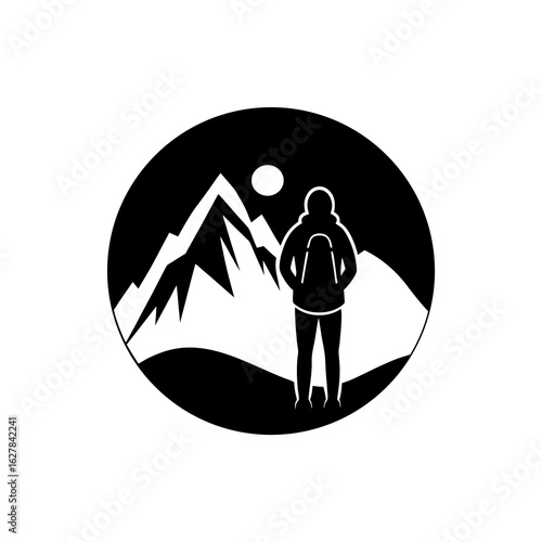 Silhouette of a Backpacker Watching Sunrise from Mountain Peak – Minimal Outdoor Adventure Vector Isolated on White Background