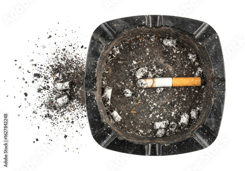 Dirty ashtray filled with cigarette butts and ash, isolated on transparent background