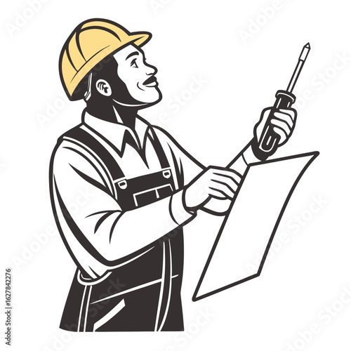 Black and white illustration of a construction worker in a yellow hard hat holding a screwdriver and a blueprint
