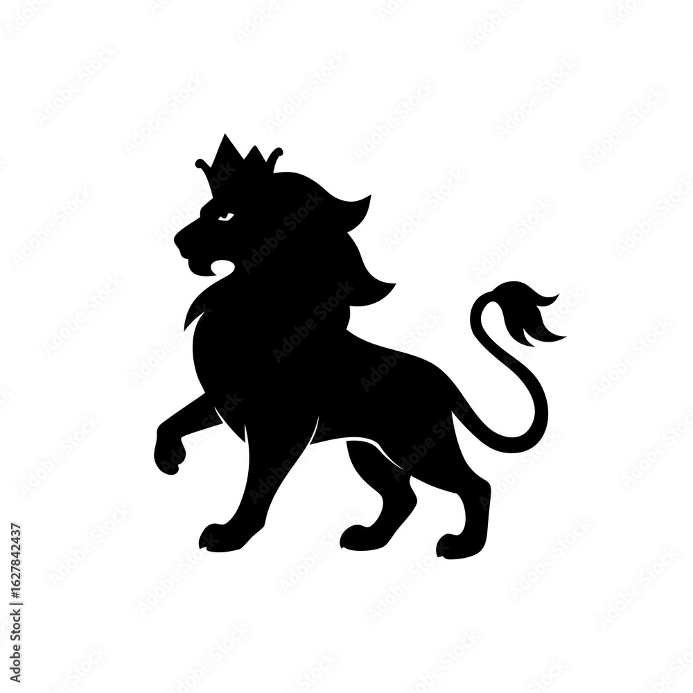 Fototapeta premium Silhouette of a Lion with a Leg Raised and Royal Crown – Minimal Vector Isolated on White Background