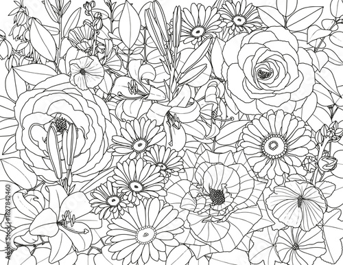 Abstract floral background. Coloring page for adults and children. Branches with leaves and flowers on a white background.