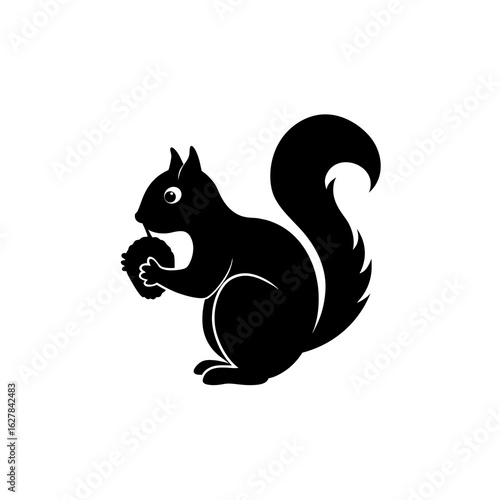 Silhouette of a squirrel from back view holding an acorn, isolated on white background