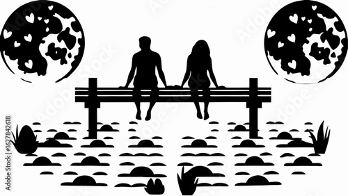 Silhouette of couple sitting on bench under heart filled moon in a field of stylized plants