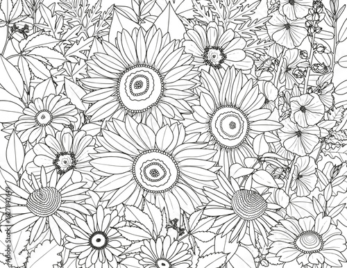 Abstract floral background. Coloring page for adults and children. Branches with leaves and flowers on a white background.
