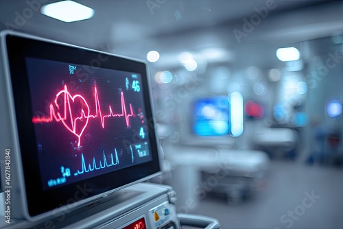 Close-up of a medical monitor displaying a heart rate tracing.  Blurred background shows medical equipment and a sterile environment