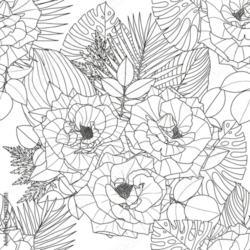 Abstract floral background. Coloring page for adults and children. Branches with leaves and flowers on a white background.