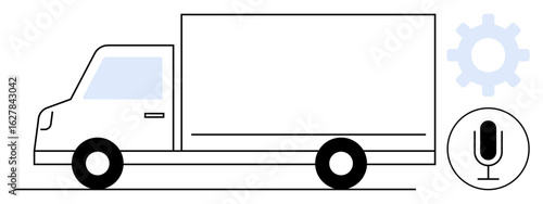 Truck outline driving, gear and microphone icons nearby signifying logistics, technology, innovation, automation, transportation, communication, and business. Ideal for logistics tech startups