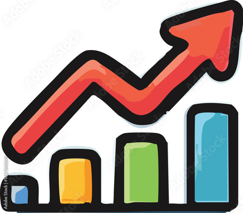 A colorful, hand-drawn bar chart with a bold red arrow pointing upwards, symbolizing financial growth, progress, and success.
