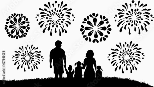 Silhouette of family watching fireworks display on grass against a white background in black ink
