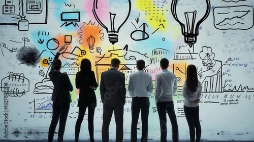 Creative business team standing together in modern office, brainstorming marketing strategies and discussing innovative solutions for new startup project during collaborative meeting session.