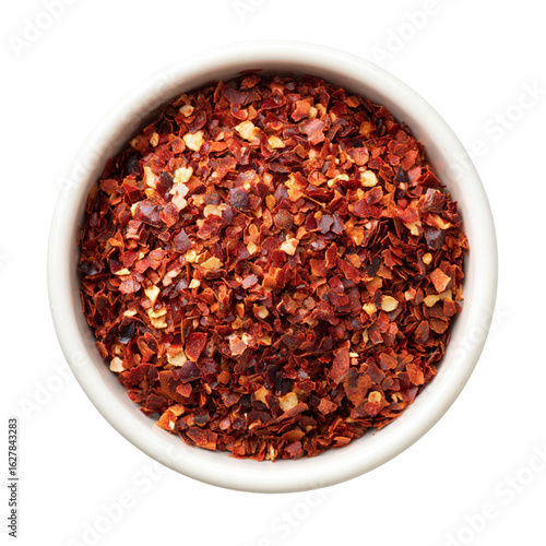 Red pepper flakes in bowl crushed chili flakes spice ingredient cooking seasoning food photography close up shot on transparent background silhouette