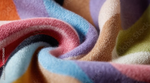 Close-up of colorful, textured fabric swirled