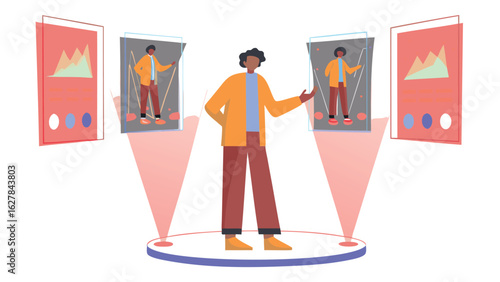 A person standing on a platform with screens displaying data and a virtual avatar on either side of them