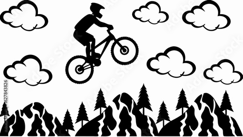 Silhouette of a mountain biker jumping with mountains trees and clouds in a black and white landscape view