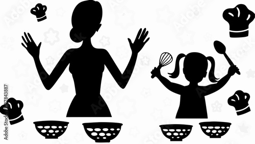 Silhouette of mother and daughter baking with bowls, chef hats, spoon and whisk in black and white style