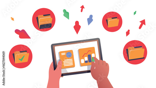 Illustration of a tablet being used to manage files and data with folders and arrow icons around it