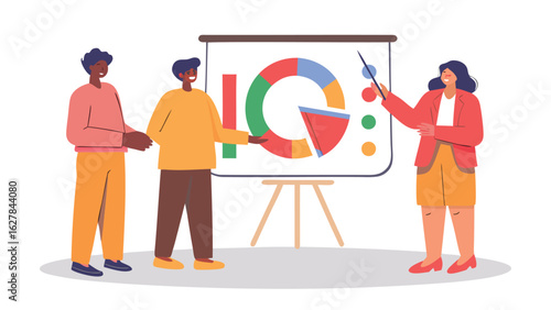 Illustration of a presentation with a pie chart being given to two people by a woman with a pointer