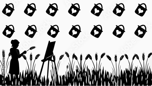 Silhouette of artist painting in a field with wheat and buckets with hearts floating above the scene