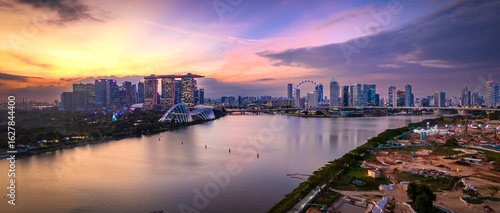 Photography Singapore Marina Bay Skyline Aerial View with Colorful Sunset