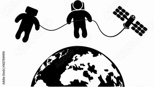 Two astronauts tethered to a satellite floating above the earth in a black and white illustration silhouette