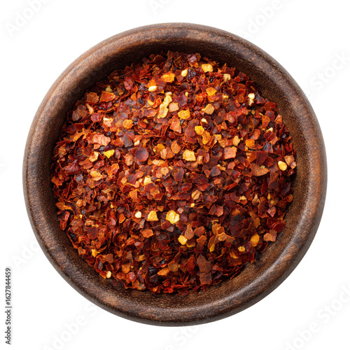 Red pepper flakes in wooden bowl spicy seasoning condiment ingredient culinary spice for cooking and food on transparent background silhouette