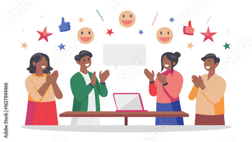 Group of people clapping hands with laptop speech bubble emojis and stars in a celebratory atmosphere