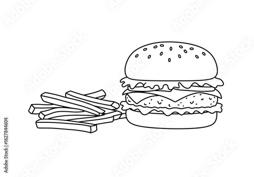 Burger and fries drawing. It is a black and white outline drawing of a classic fast food meal, featuring a juicy burger and a side of crispy french fries. Vector sketch line art draw.