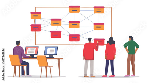 Illustration of a team collaborating on a network diagram with computers and whiteboard display showing nodes