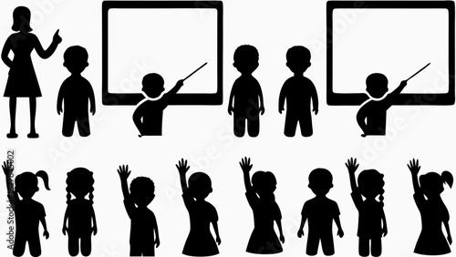 Silhouette illustration showing a teacher with students in a classroom with a whiteboard present in black
