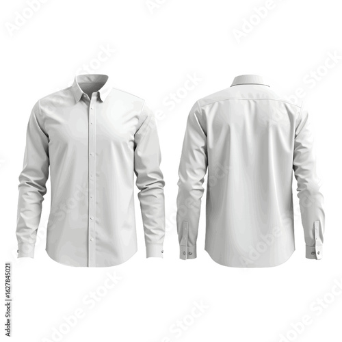 Men's classic white long sleeve dress shirt mockup. Isolated front and back view of a button-down shirt for apparel design.