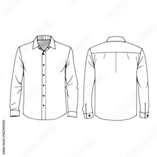 Men's long sleeve shirt technical flat sketch for fashion design. Apparel template showing front and back views for clothing production.
