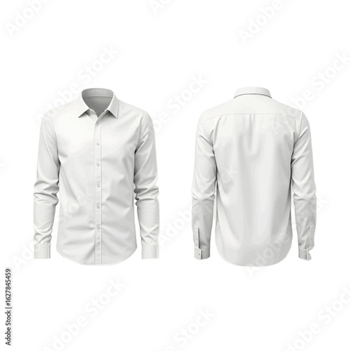 Blank white long sleeve dress shirt mockup template. Front and back view of classic men's apparel isolated on white background.