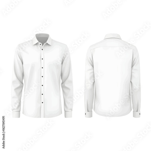 Classic white long-sleeved dress shirt mockup. Front and back view of formal men's apparel isolated on a white background.