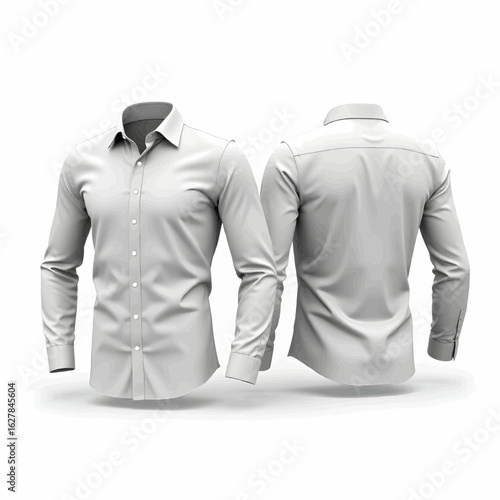 White long sleeve dress shirt mockup with front and back views. Blank formal classic shirt template for apparel design.
