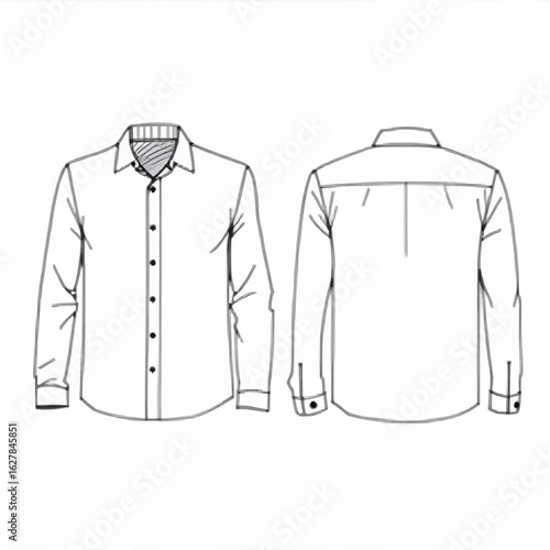 Men's long sleeve collared shirt fashion flat vector illustration. Technical drawing for apparel design, front and back view.