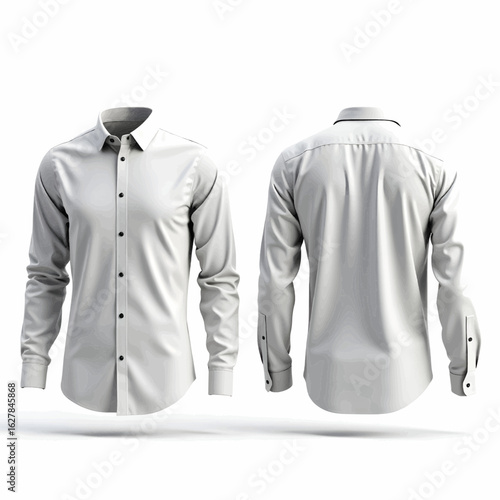 Classic men's white button-down shirt template. 3D render showing front and back views, perfect for apparel mockups.