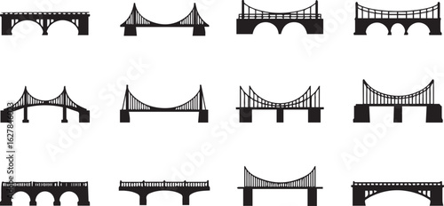 Twelve Black Silhouette Bridge Icons Featuring Suspension and Arch Designs on White architecture structure