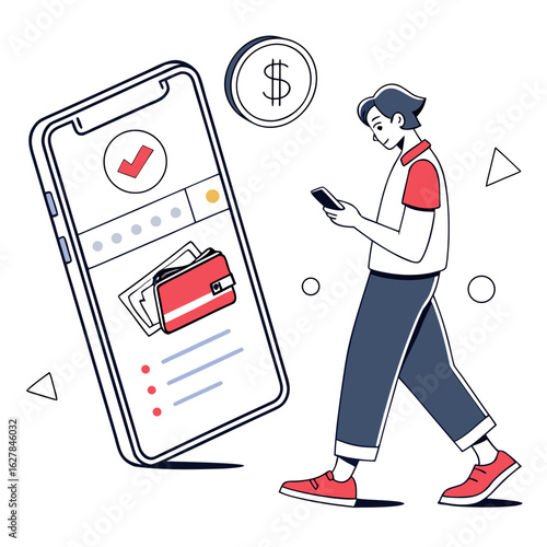 Person using a smartphone for mobile payments with a digital wallet and coin male walking