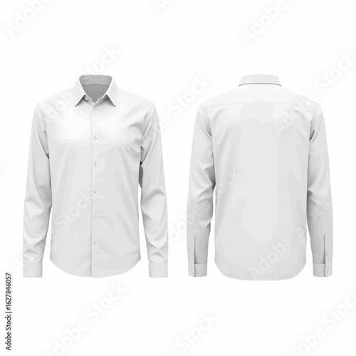 Blank white long-sleeved button-up shirt mockup isolated. Front and back view for a corporate or fashion design template.