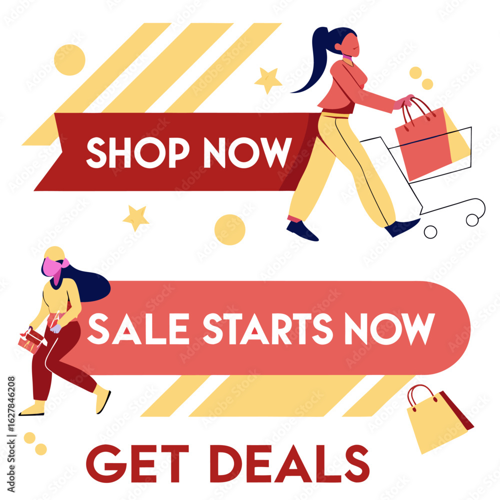 Obraz premium Illustration of women shopping with sale banners reading shop now sale starts now and get deals