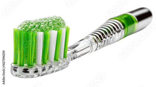 Sparkling Clean: A close-up image of a translucent toothbrush with a vibrant green-and-white bristle head, brimming with fresh, green toothpaste, conveying cleanliness and dental health.