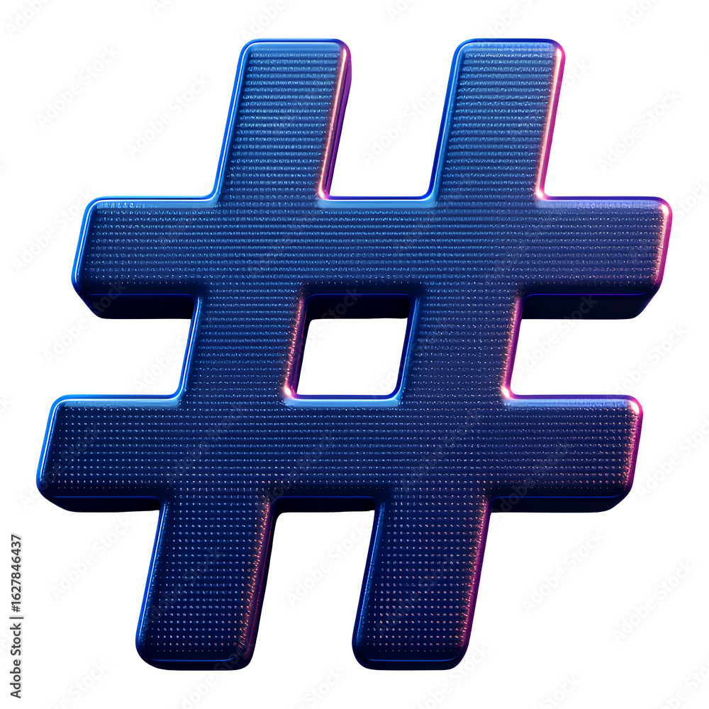 Obraz premium Glossy Neon Blue Hashtag Icon with Transparent Background, 3D Realism Graphic for Digital Media