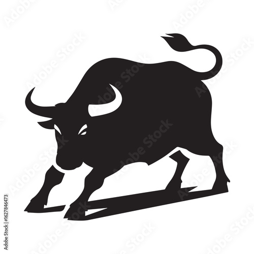 A bold vector illustration of a powerful bull in mid-charge against a stark white background. 