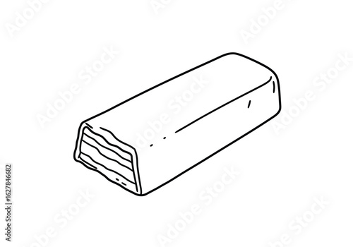 Candy bar drawing. It is a black and white outline drawing of a candy bar, showing its layered texture, representing a sweet, satisfying chocolate treat. Vector sketch line art draw.