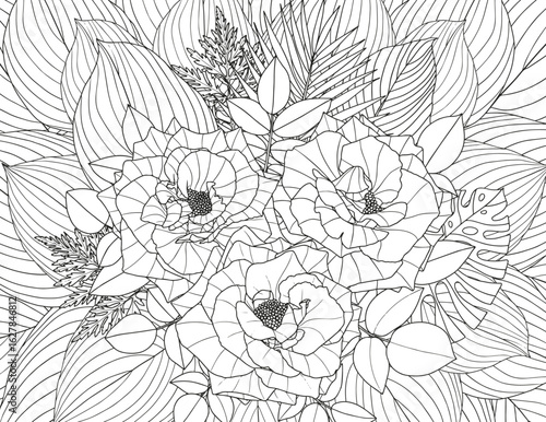 Abstract floral background. Coloring page for adults and children. Branches with leaves and flowers on a white background.