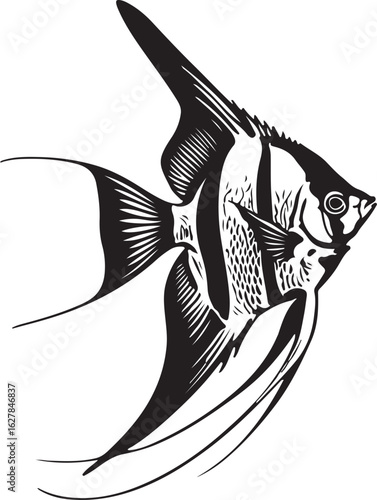 Black and white illustration of a freshwater angelfish with flowing fins and vertical stripes freshwater fish