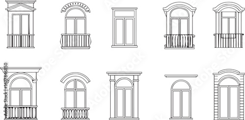 Variety of Architectural Window and Balcony Line Drawings architecture facade