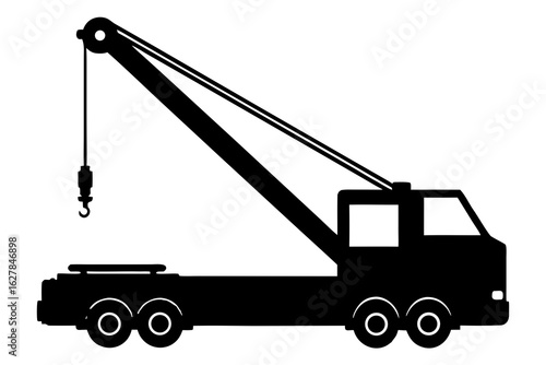 Black silhouette of a crane truck with a raised boom and hook on a white background construction vehicle