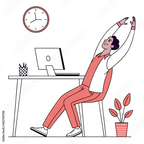 Man stretching at desk with laptop and clock during workday office