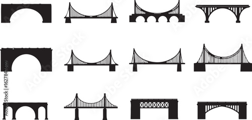 Twelve Black Silhouette Bridge Illustrations Including Suspension and Arch Styles on White icon architecture